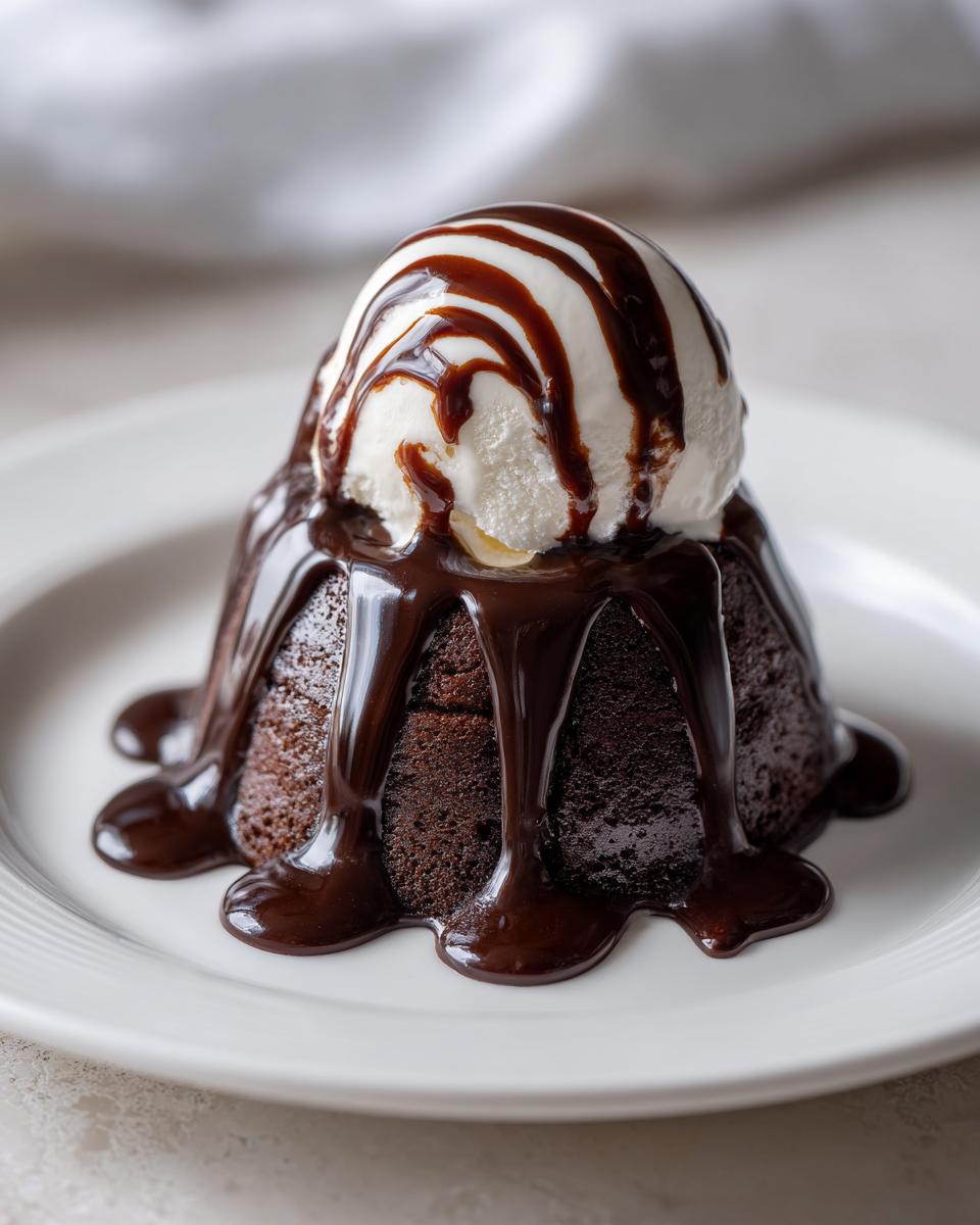A scoop of vanilla ice cream on a chocolate cake, generously covered with silky chocolate sauce recipe.