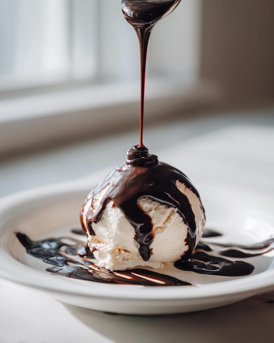 A spoonful of rich, dark chocolate sauce recipe being poured over a scoop of vanilla ice cream.