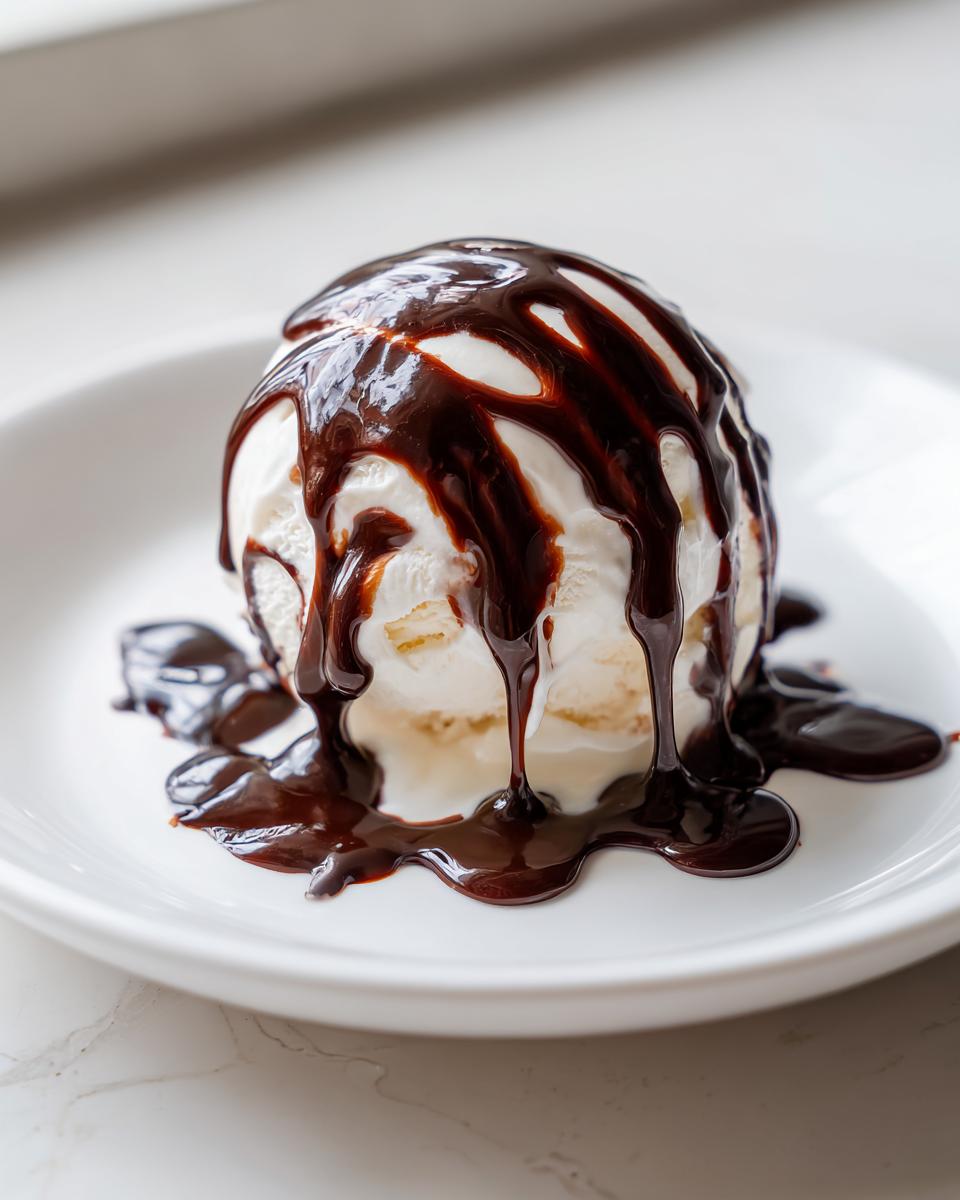 A scoop of vanilla ice cream generously covered in rich, dark chocolate sauce recipe topping.
