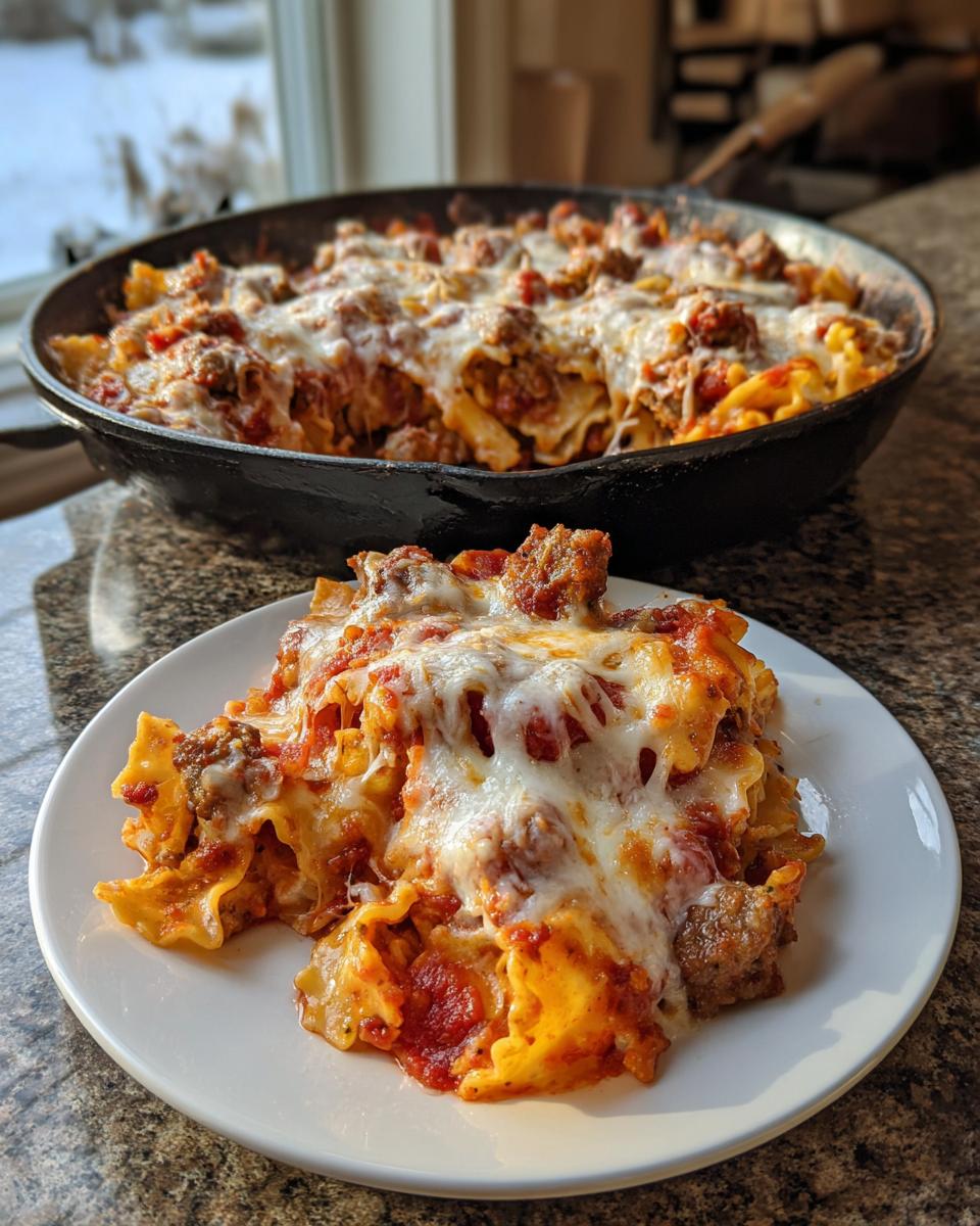 A serving of cheesy skillet lasagna with meat sauce on a white plate, with the rest in the cast iron skillet behind it.