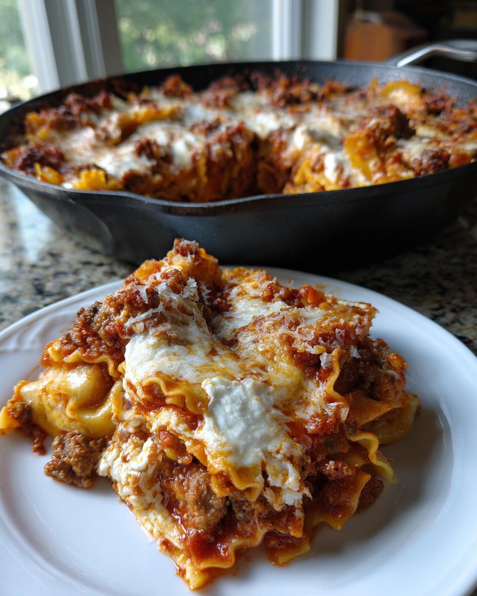 A generous serving of cheesy skillet lasagna on a white plate, with the rest of the skillet lasagna visible in the background.
