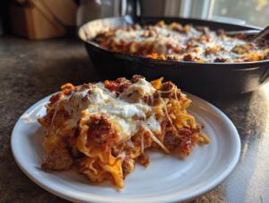 A serving of cheesy 30 Minute Skillet Lasagna on a white plate with the rest in a cast iron skillet in the background.