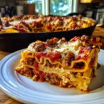 A generous slice of skillet lasagna with layers of pasta, meat sauce, ricotta, and melted cheese on a white plate.