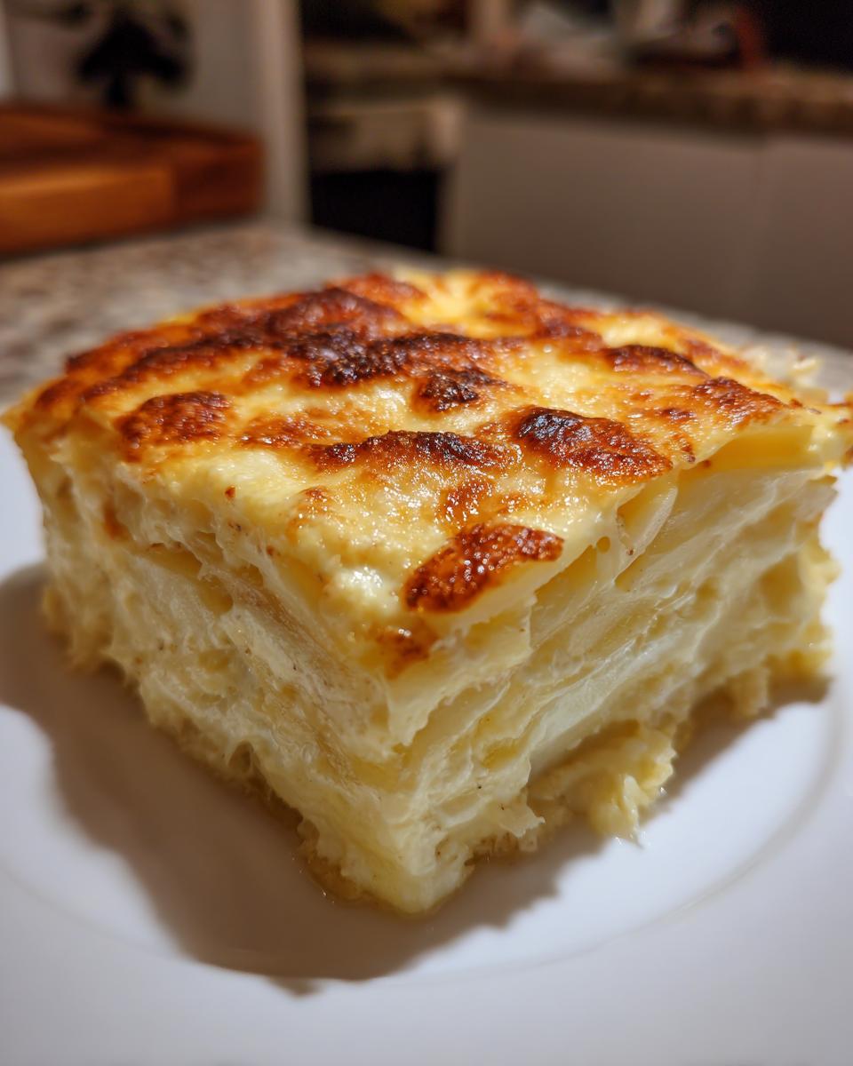 A thick, square slice of creamy potatoes au gratin with a perfectly browned, cheesy top.
