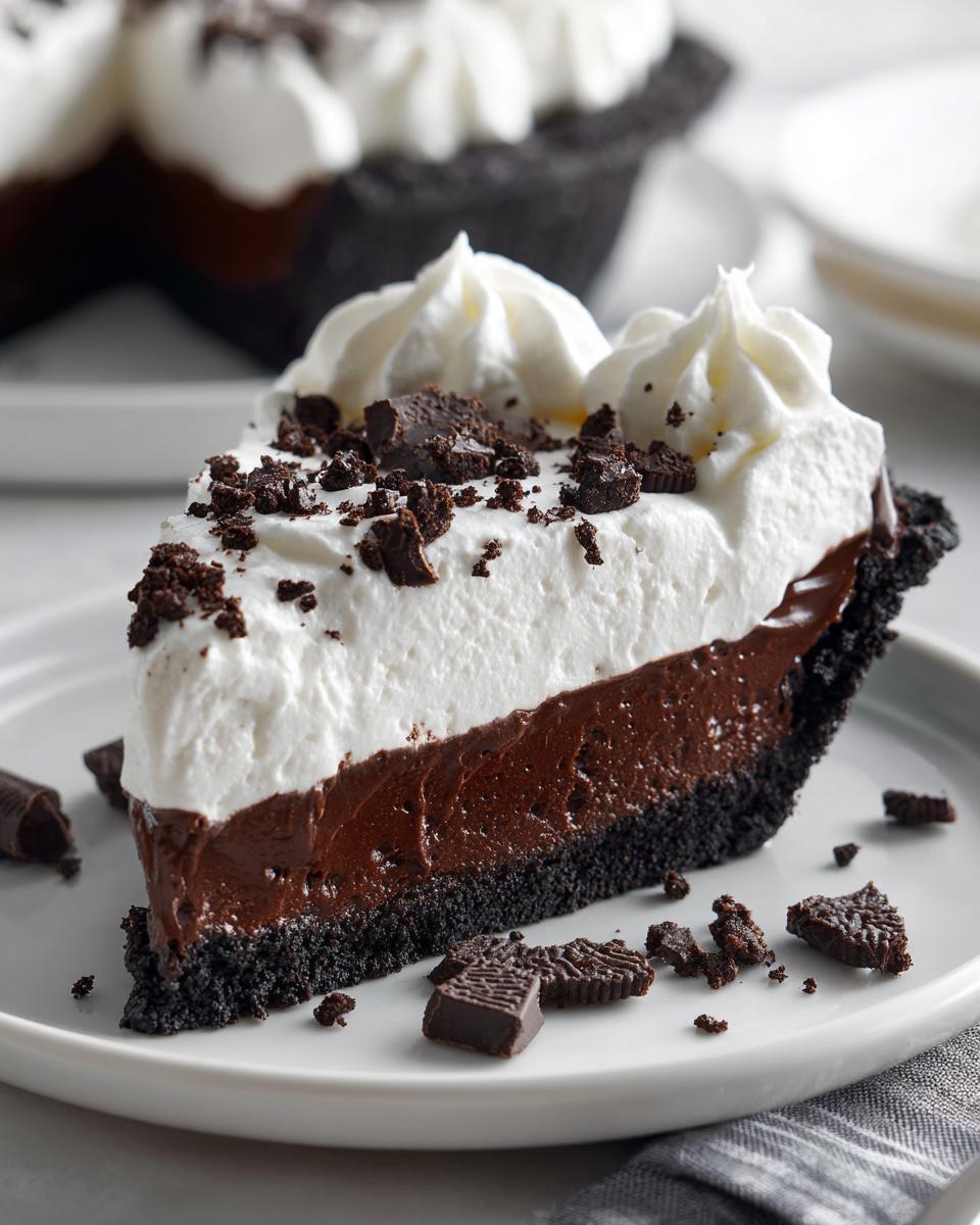 A decadent slice of 8-layer mud pie featuring a dark crust, rich chocolate filling, and thick whipped cream topping.