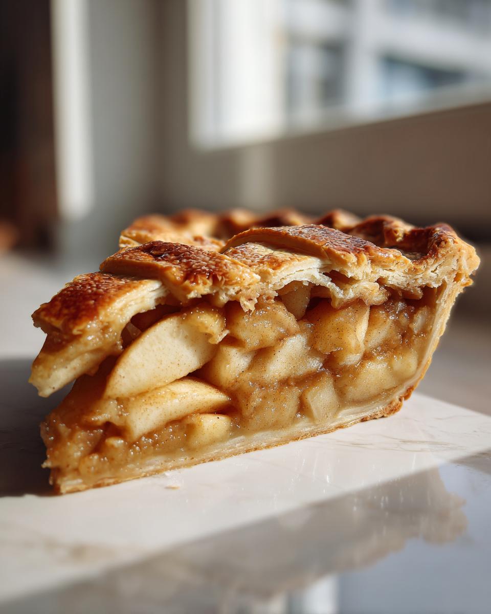 Close-up of a thick slice of amazing apple pie recipe showing flaky lattice crust and chunky cinnamon-spiced apple filling.