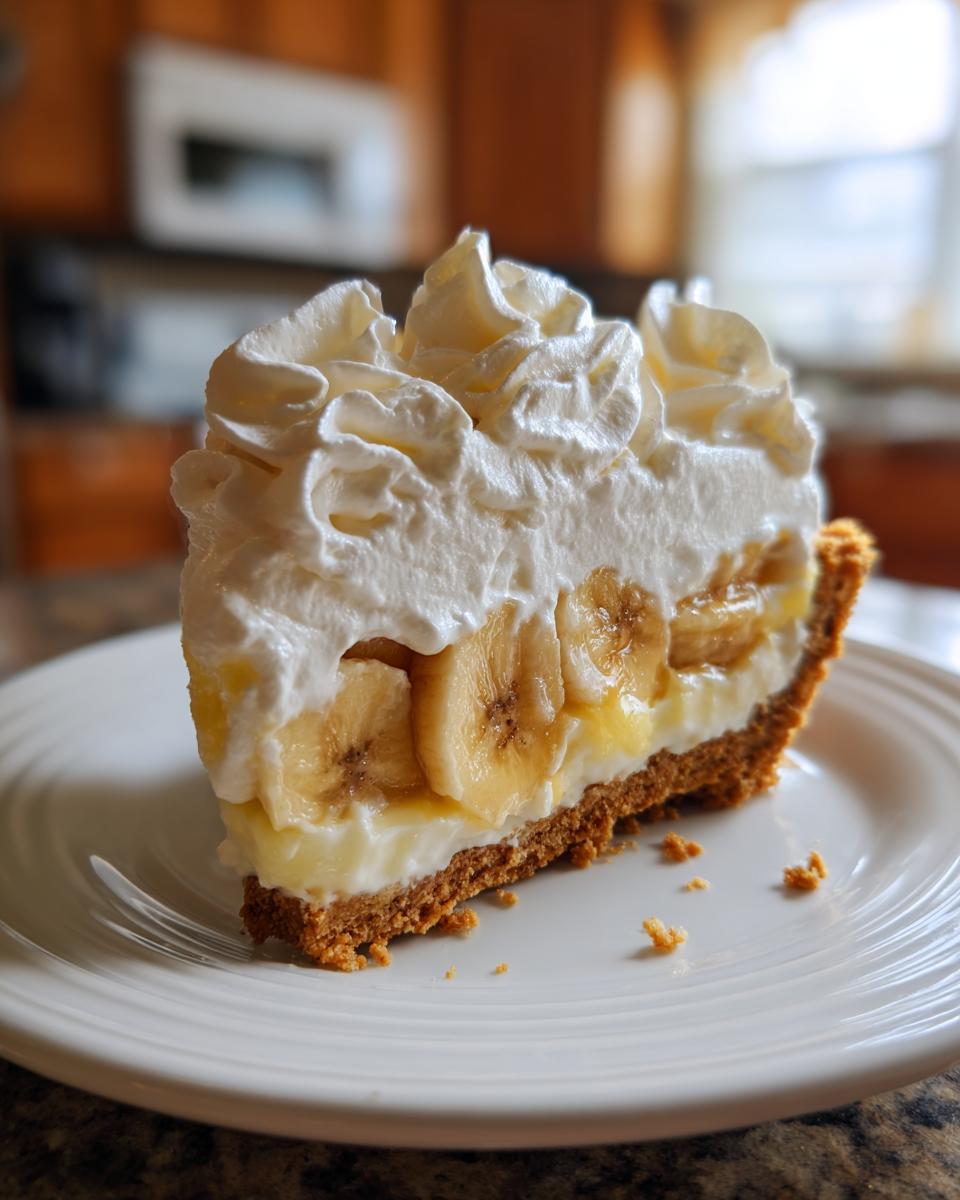 A decadent slice of banana cream pie featuring a graham cracker crust, creamy filling, sliced bananas, and tall swirls of whipped cream.