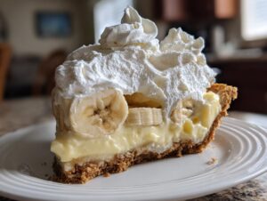 A generous slice of banana cream pie featuring a graham cracker crust, creamy filling, fresh banana slices, and a tall topping of whipped cream.