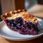 Close-up of a juicy slice of blueberry pie recipe showing rich purple filling and golden flaky crust.