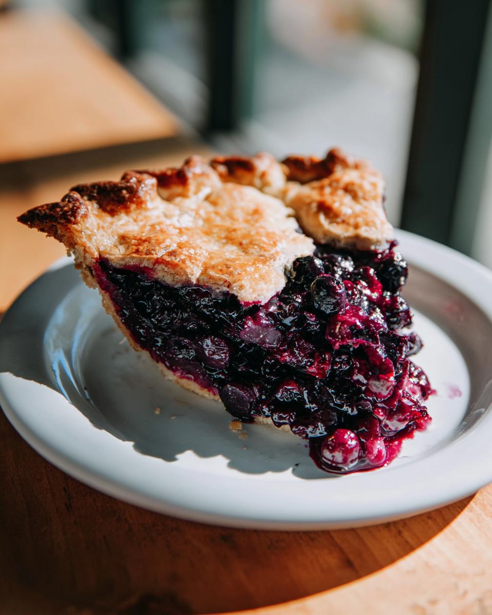 Close-up of a generous slice of blueberry pie recipe showing a thick, juicy filling and golden flaky crust.