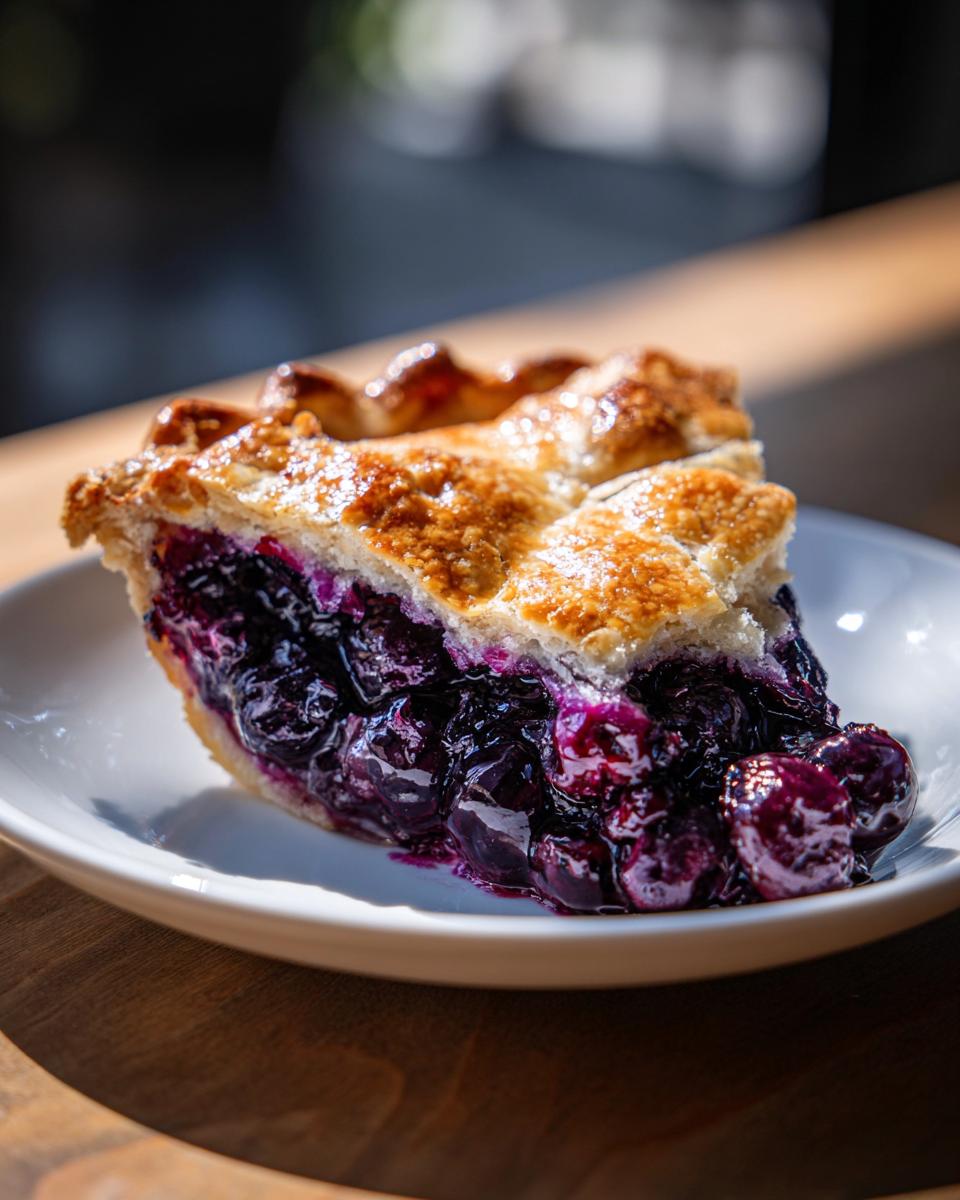 A close-up slice of homemade blueberry pie recipe showing a thick, juicy filling and golden flaky crust.