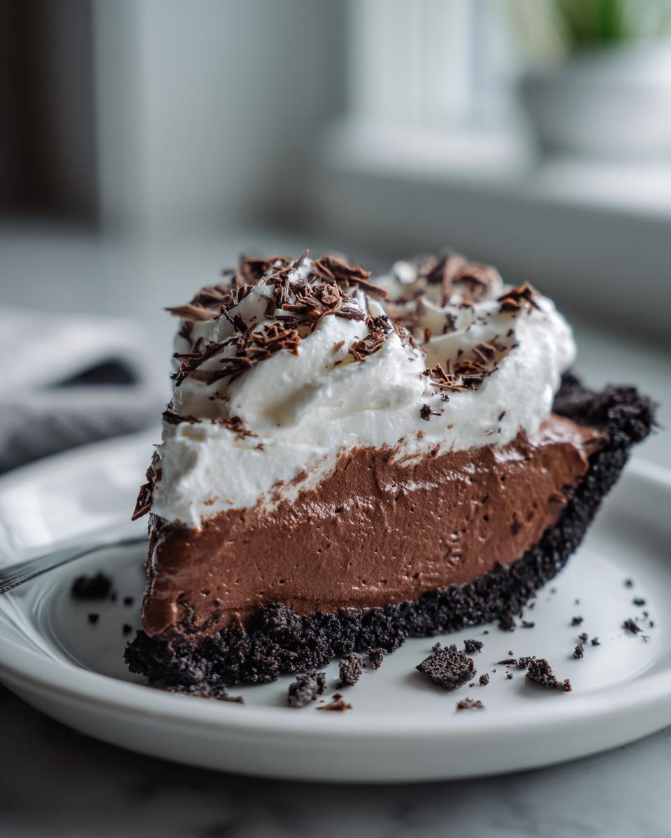 A perfect slice of rich chocolate mousse pie with a dark crust, topped with whipped cream and chocolate shavings.