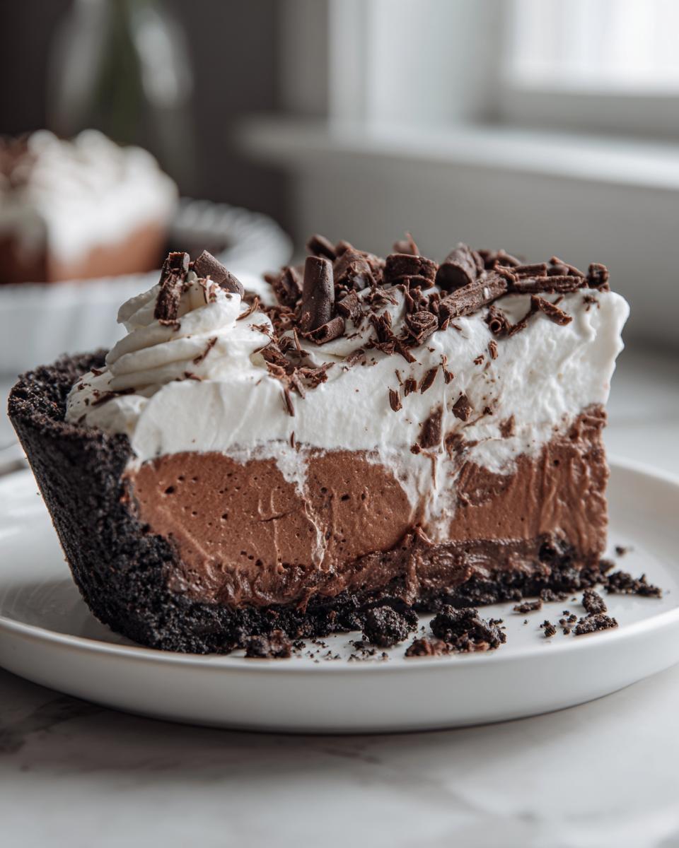 A decadent slice of chocolate mousse pie featuring a dark crust, rich filling, whipped cream, and chocolate shavings.