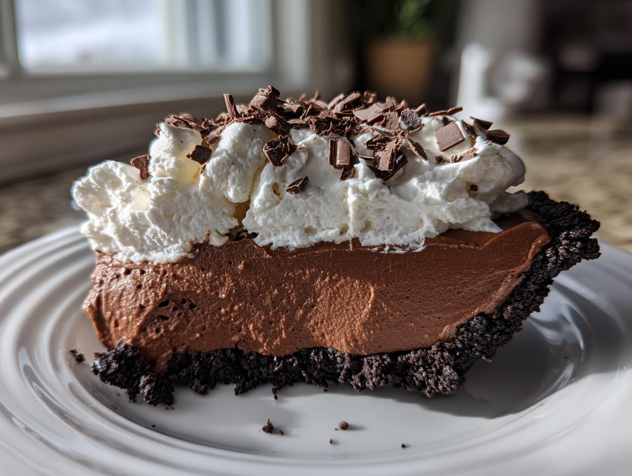 A decadent slice of chocolate mousse pie with a dark crust, topped with whipped cream and chocolate shavings.