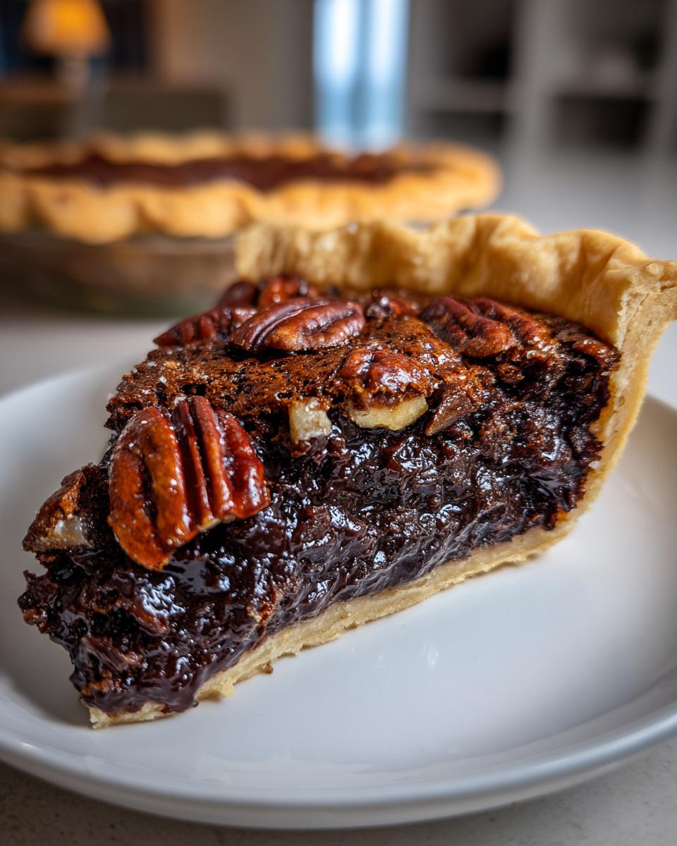 Close-up of a decadent slice of chocolate pecan pie showing the dark, gooey filling and whole pecans on top.