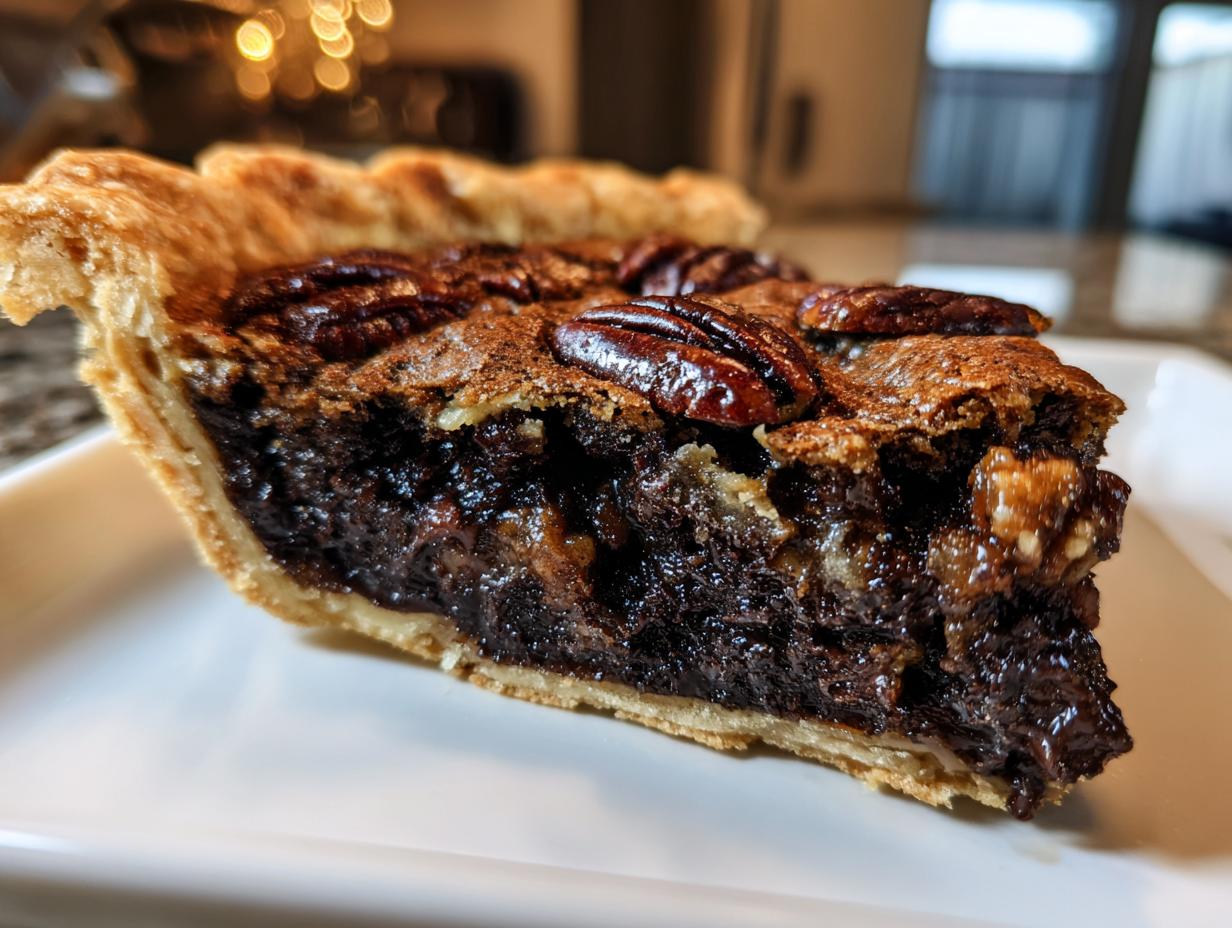 A close-up view of a thick slice of chocolate pecan pie showing the gooey filling and pecans on top.