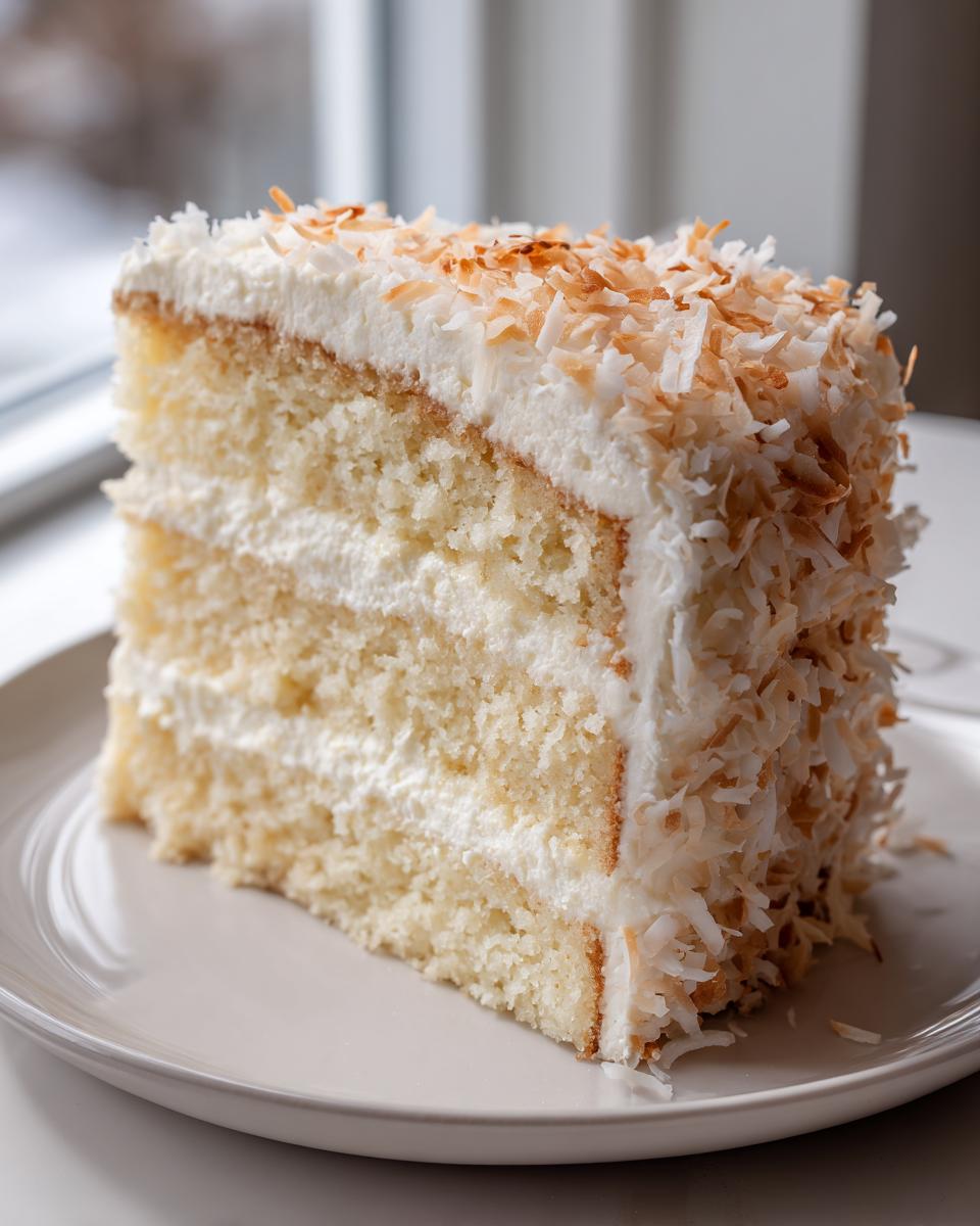 A tall slice of moist coconut cake recipe with white frosting and toasted coconut flakes on top.