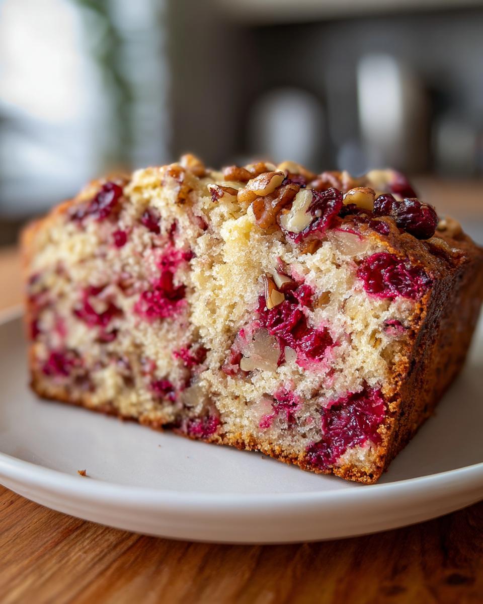 Close-up of a moist slice of cranberry walnut bread, studded with bright red cranberries and topped with walnuts.