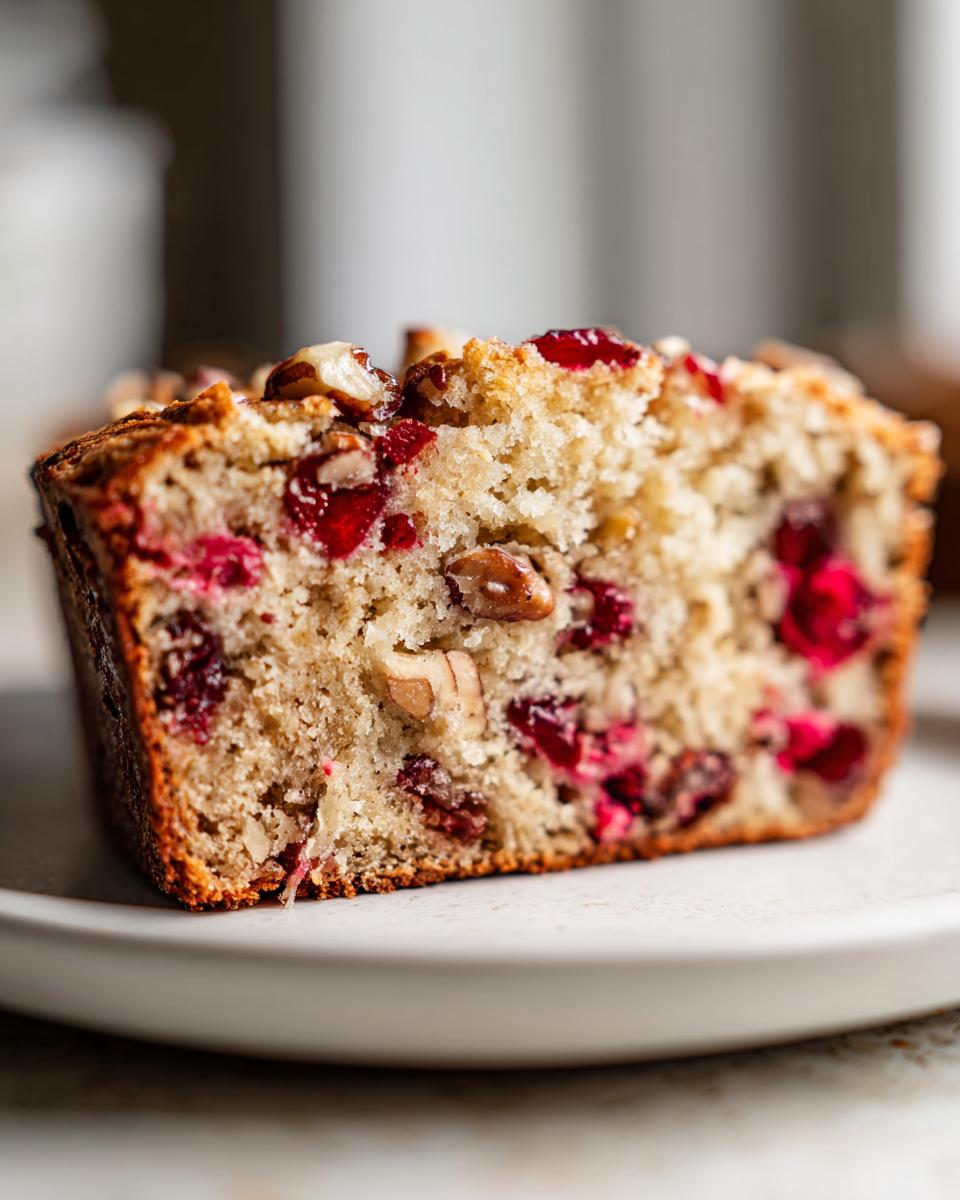 Close-up of a moist slice of cranberry walnut bread showing bright red cranberries and chopped walnuts baked in.