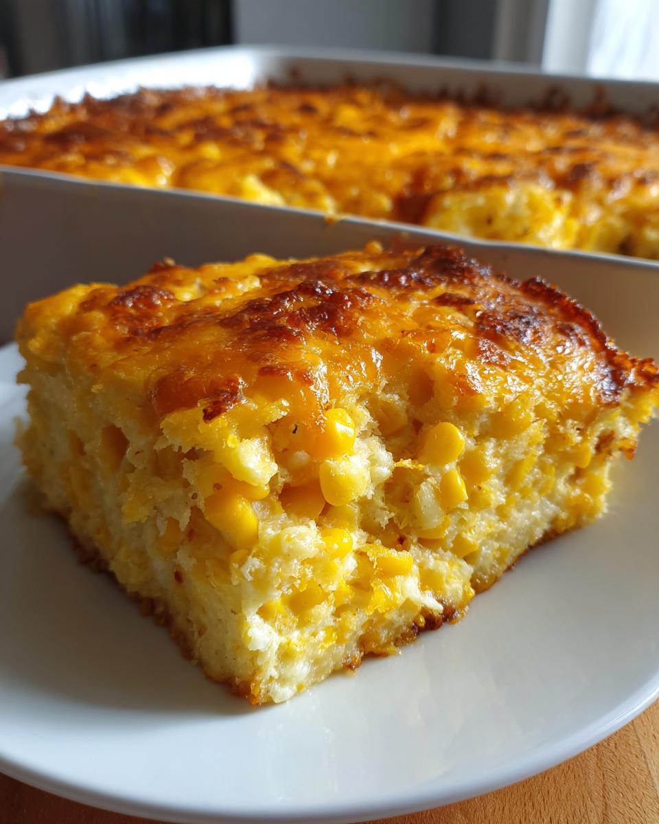 A close-up of a square slice of baked cream cheese corn casserole with visible corn kernels and a browned cheese topping.