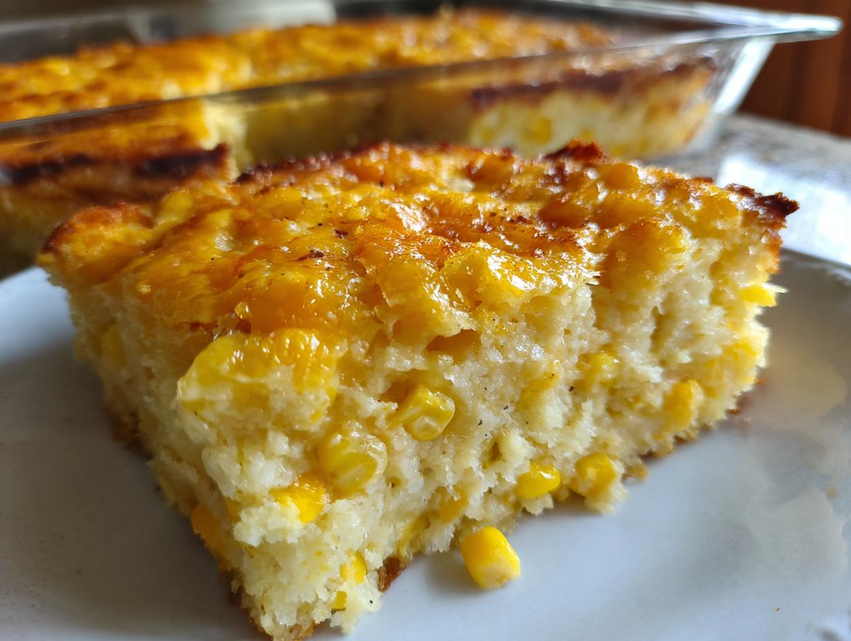A close-up of a moist slice of cream cheese corn casserole with a golden, slightly browned top, served on a white plate.