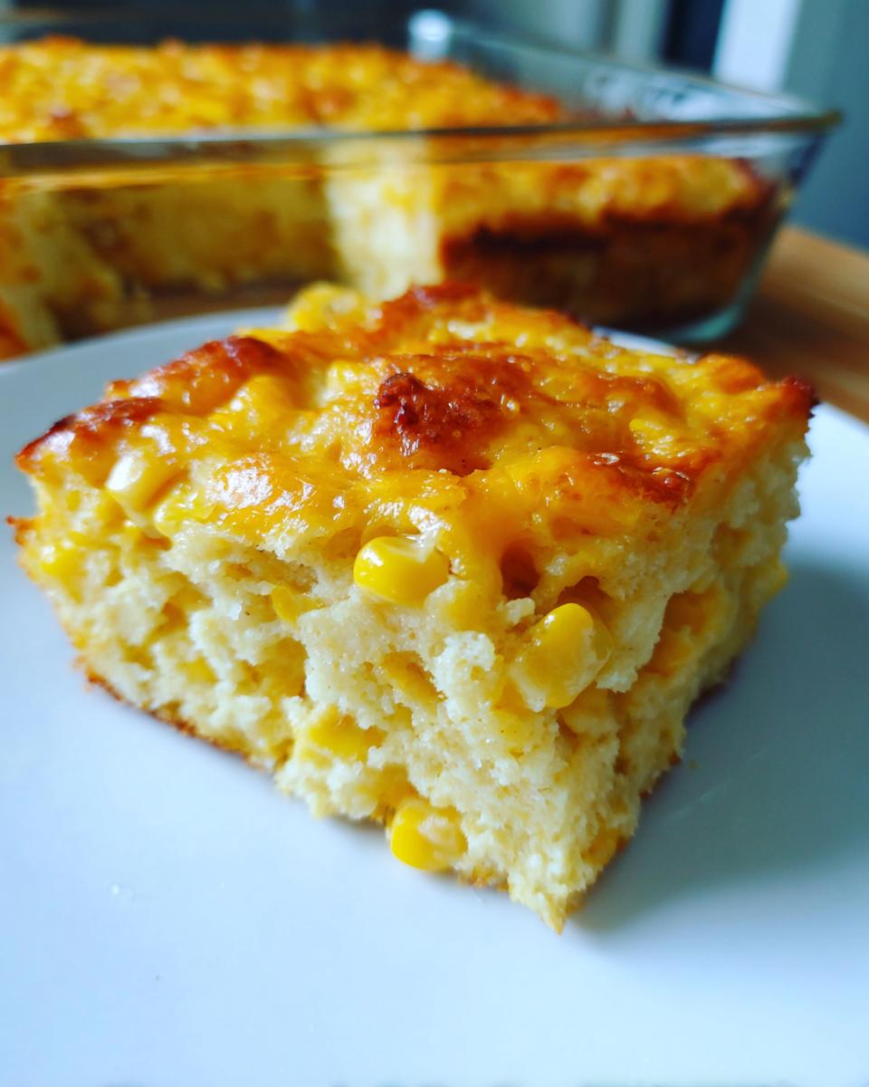 A square slice of moist cream cheese corn casserole with visible corn kernels and a golden, cheesy top.