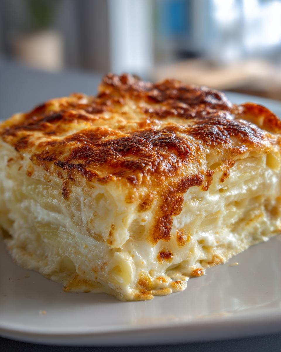 A close-up of a thick slice of creamy potatoes au gratin showing layered potatoes and a richly browned, cheesy top.
