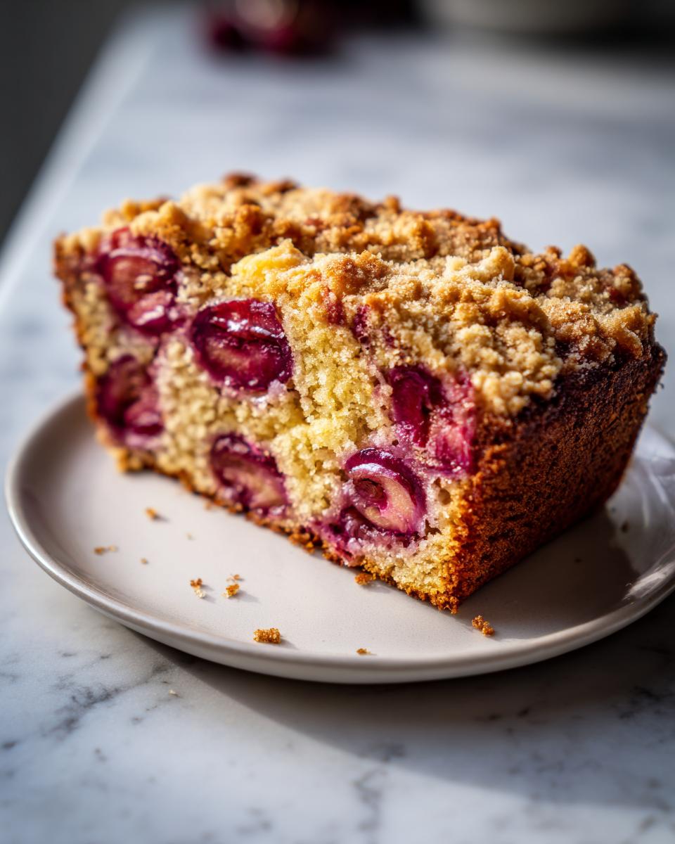 A close-up slice of moist plum cake with visible halved plums and a crunchy crumble topping.