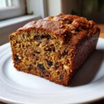 Close-up of a moist slice of date nut bread showing visible dates and walnuts baked inside.