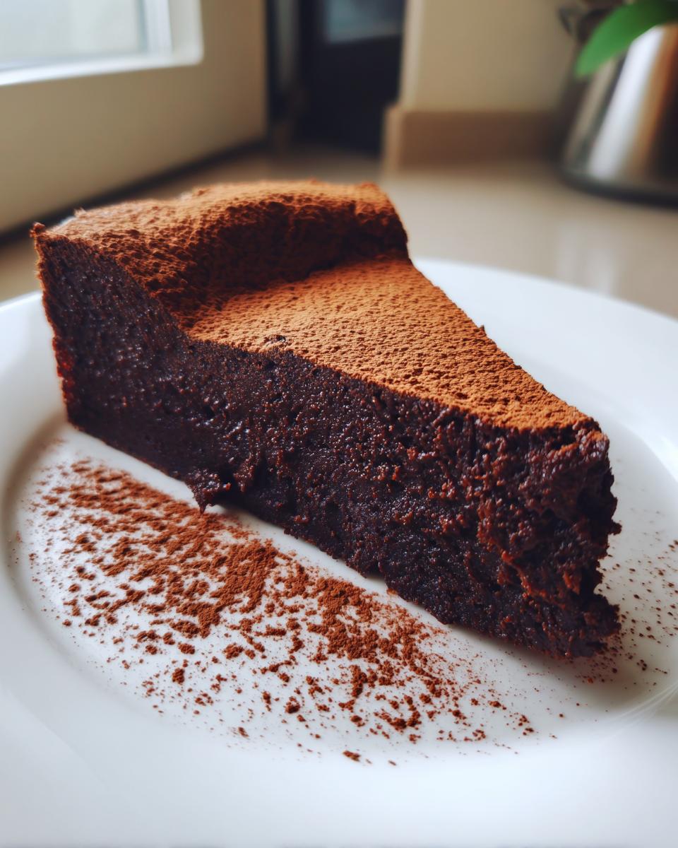 A decadent slice of flourless chocolate torte, dusted heavily with cocoa powder, served on a white plate.