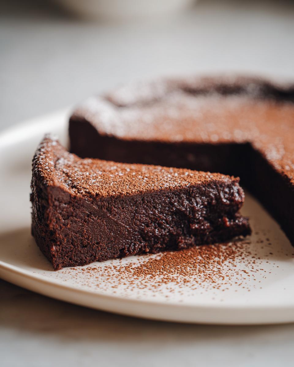 A close-up of a dense slice of flourless chocolate torte dusted heavily with cocoa powder on a white plate.