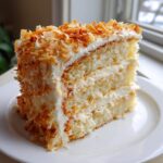 A tall slice of moist coconut cake recipe with white frosting and toasted coconut flakes on top and sides.