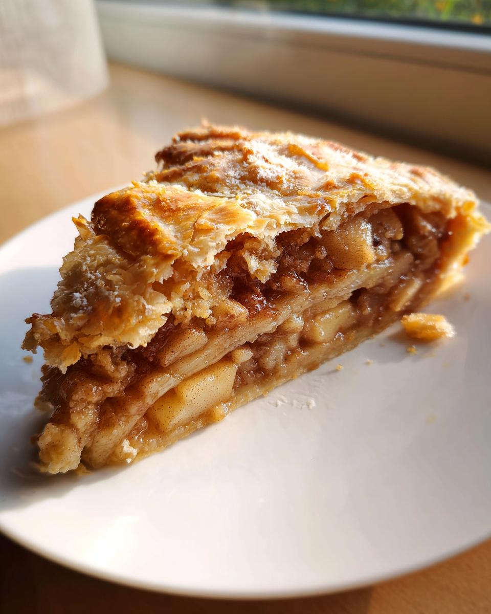 Close-up of a single slice of homemade apple strudel showing flaky pastry and cinnamon apple filling.