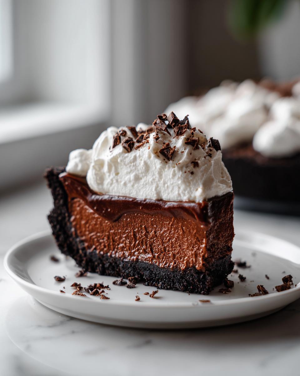 A decadent slice of 8-layer mud pie featuring a dark crust, thick chocolate filling, and topped with whipped cream and chocolate shavings.
