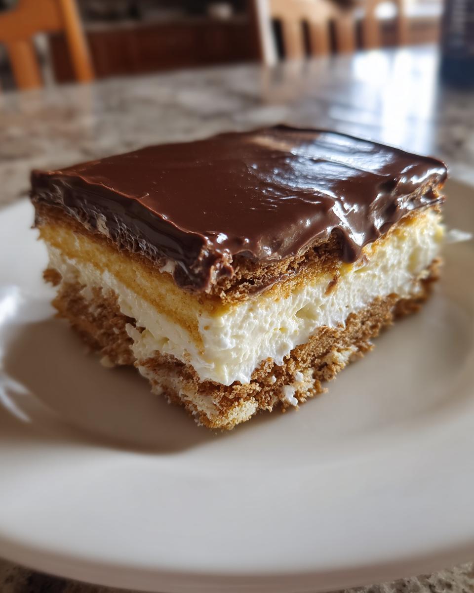 A rich, layered slice of eclair cake featuring a graham cracker crust, creamy filling, and chocolate glaze.