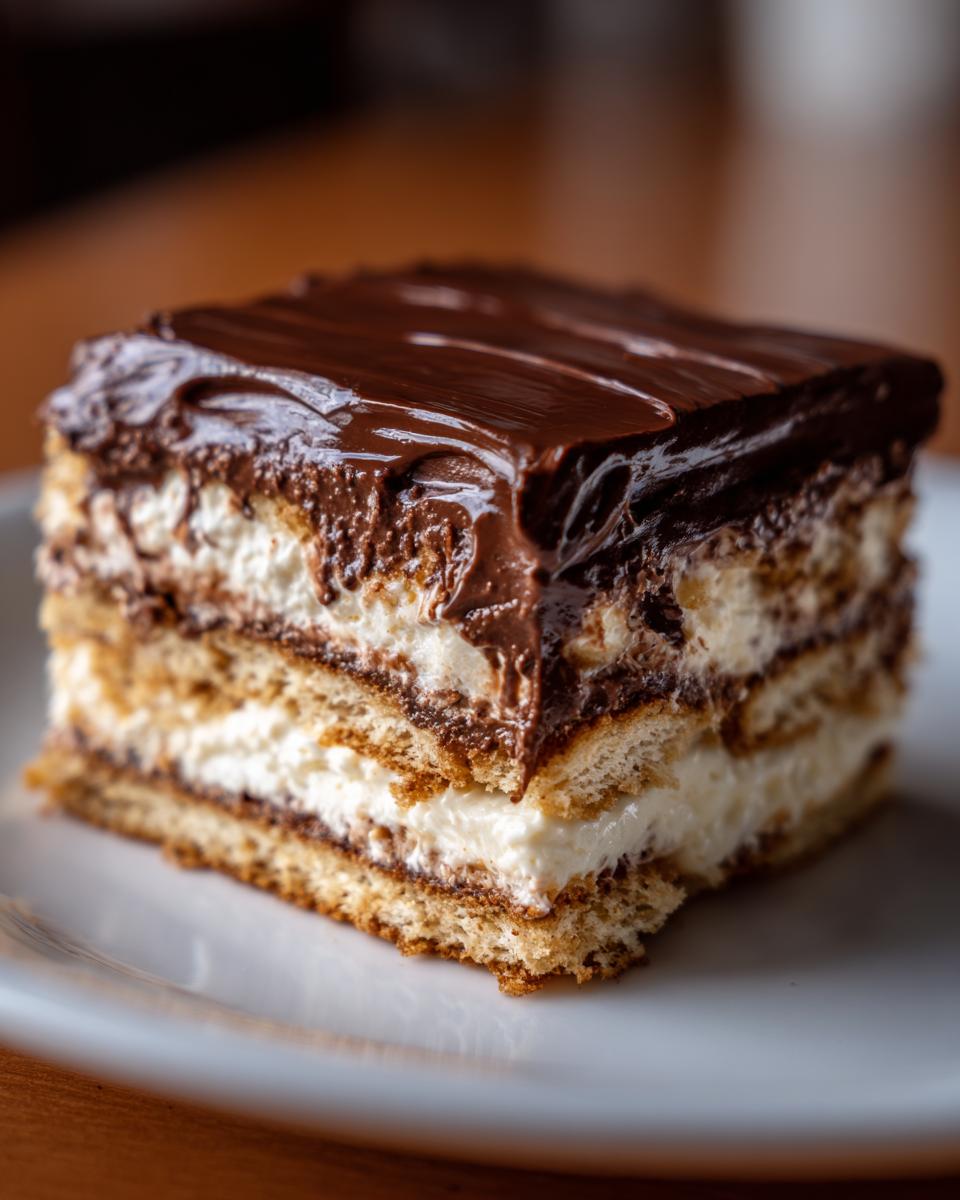 Close-up of a square slice of eclair cake showing layers of creamy filling, graham crackers, and rich chocolate frosting.