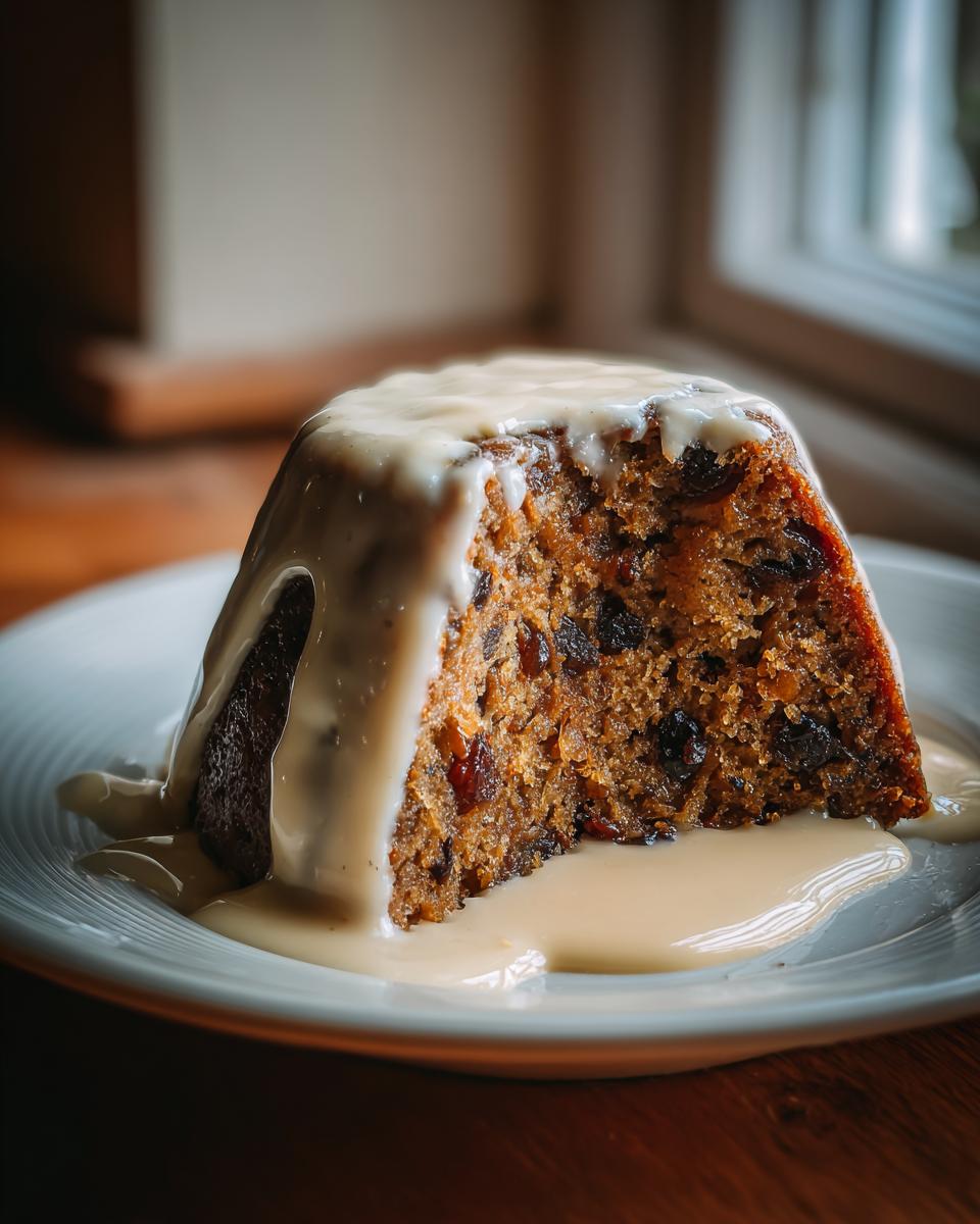 A decadent slice of traditional plum pudding, rich with dried fruit, covered in flowing vanilla custard sauce.