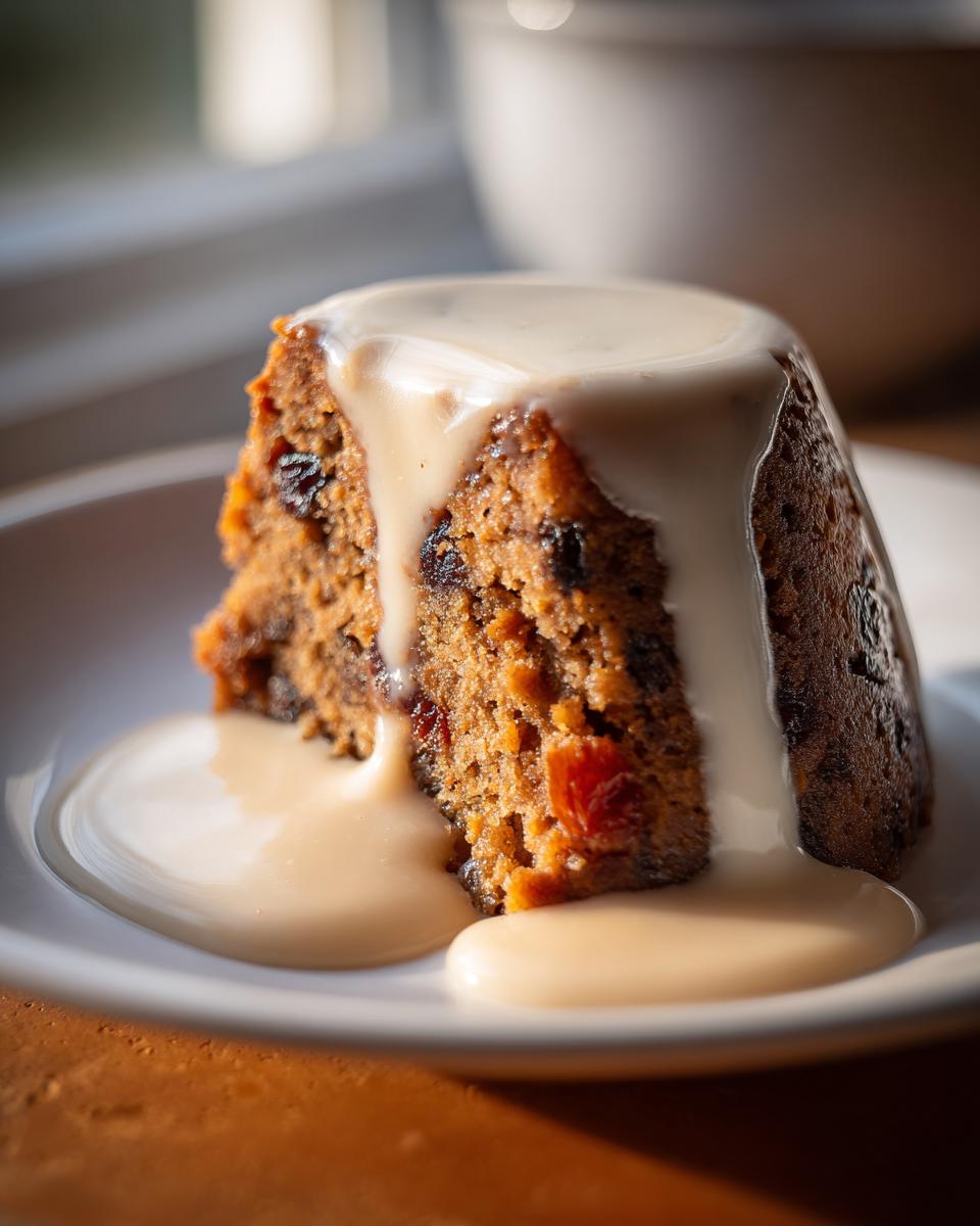 A close-up of a moist slice of plum pudding covered in rich, flowing cream sauce.
