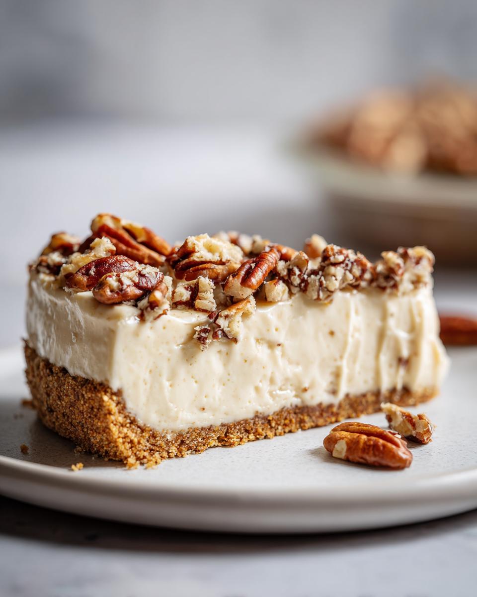 A thick slice of creamy pecan cream pie with a graham cracker crust, topped generously with chopped pecans.