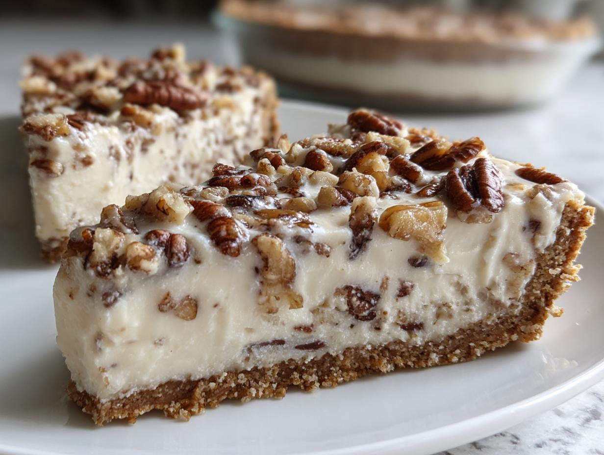 Close-up of a thick slice of pecan cream pie with a graham cracker crust and creamy filling topped with pecans.