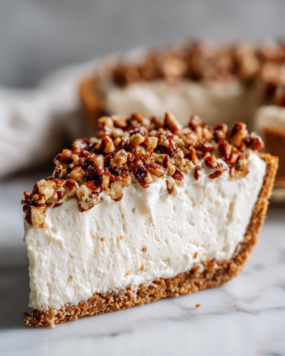 A close-up slice of pecan cream pie featuring a thick, white creamy filling and a graham cracker crust topped with chopped pecans.