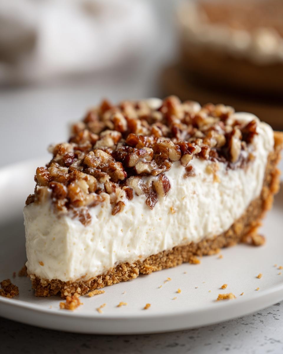 A perfect slice of pecan cream pie showing a thick, creamy filling and a graham cracker crust topped with candied pecans.