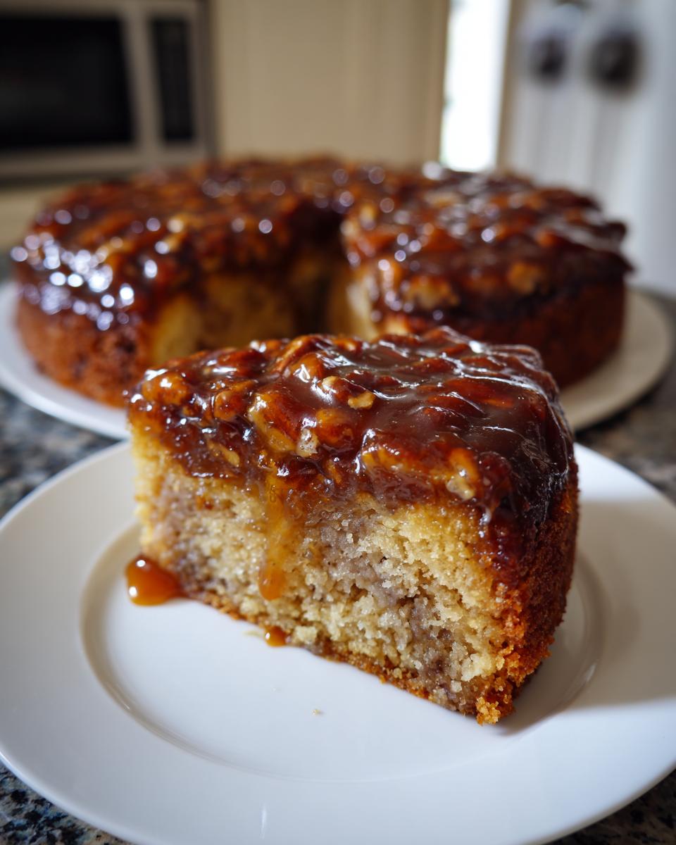 A close-up of a slice of pecan upside down cake, featuring a thick, glossy caramel and pecan topping.