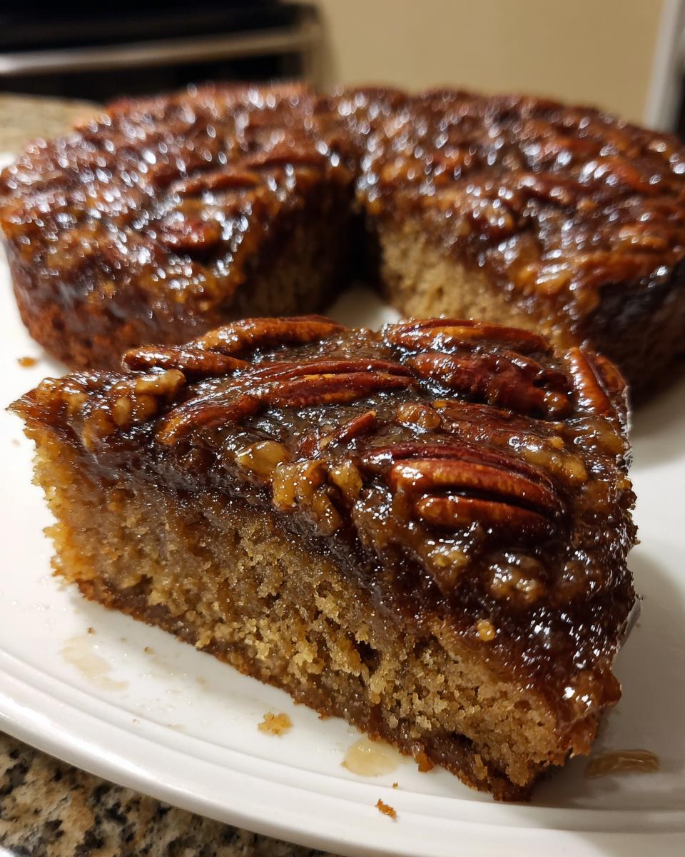 A close-up slice of pecan upside down cake with a sticky, glossy pecan topping on a white plate.