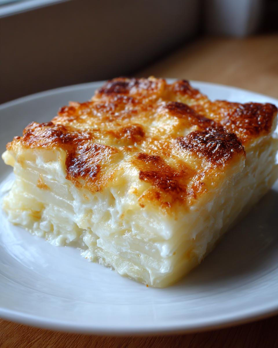 A square slice of creamy potatoes au gratin with a golden-brown, cheesy baked top.