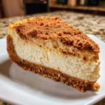 A close-up of a perfect slice of snickerdoodle cheesecake showing the creamy filling and cinnamon crumble topping.