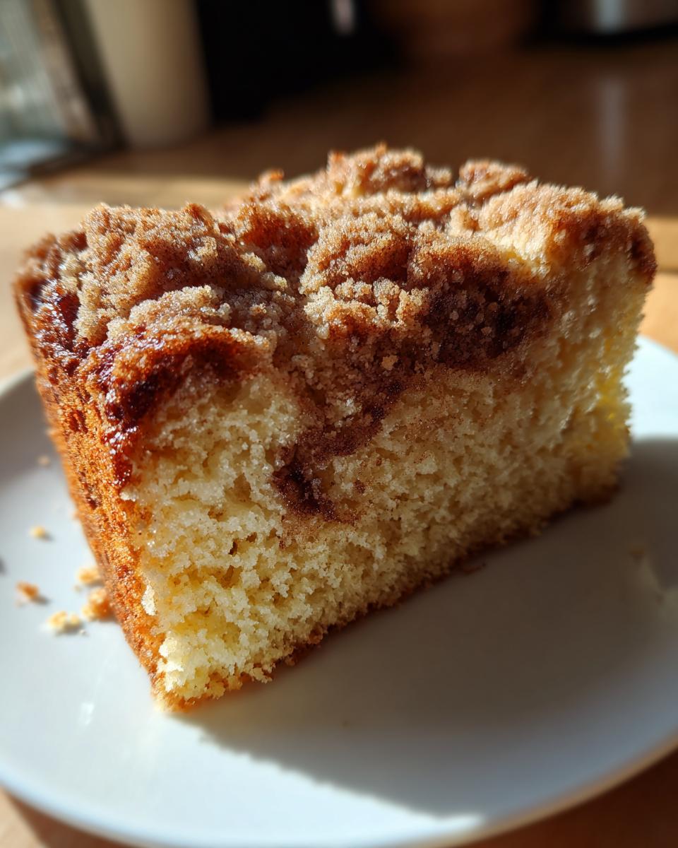 A close-up, sunlit slice of moist sour cream coffee cake showing a dense crumb and cinnamon swirl topping.