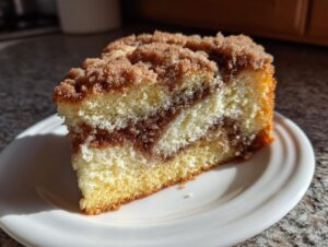 Close-up of a moist slice of sour cream coffee cake featuring layers of vanilla cake and cinnamon swirl, topped with brown sugar streusel.