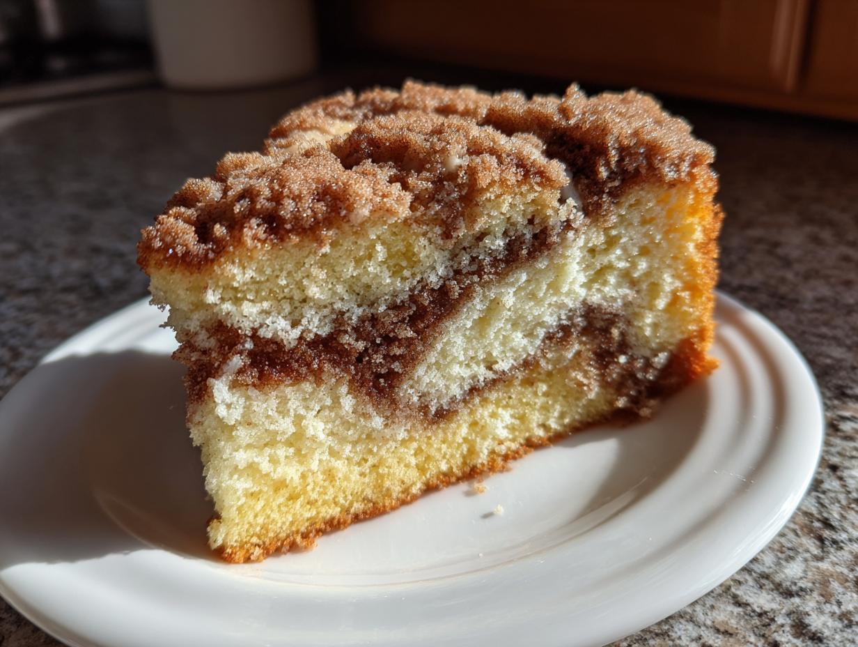 Close-up of a moist slice of sour cream coffee cake featuring layers of vanilla cake and cinnamon swirl, topped with brown sugar streusel.
