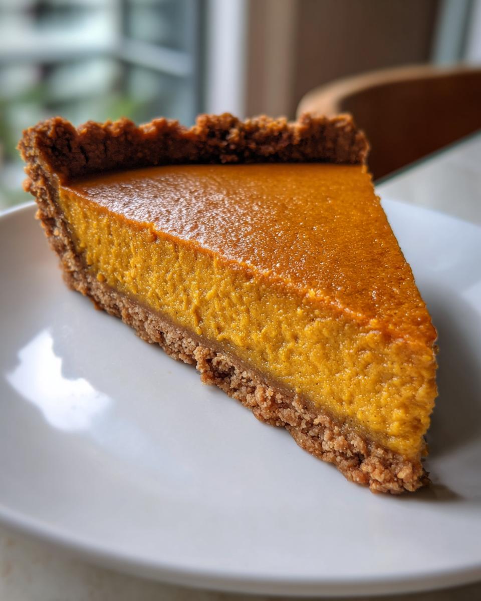 A close-up of a perfect slice of vegan pumpkin pie with a thick, textured crust on a white plate.